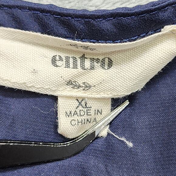 Entro Top Womens XL Blue Embroidered Floral Silky Satin Tie Front Hem Flowy Boho - Picture 3 of 8